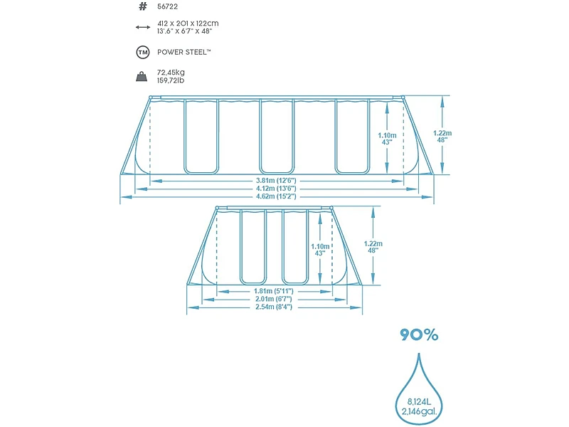Bestway Power Steel 1056722GSX21 (412x201x122 cm, Juego Completo con Bomba de Filtro, Cuadrada, Gris)