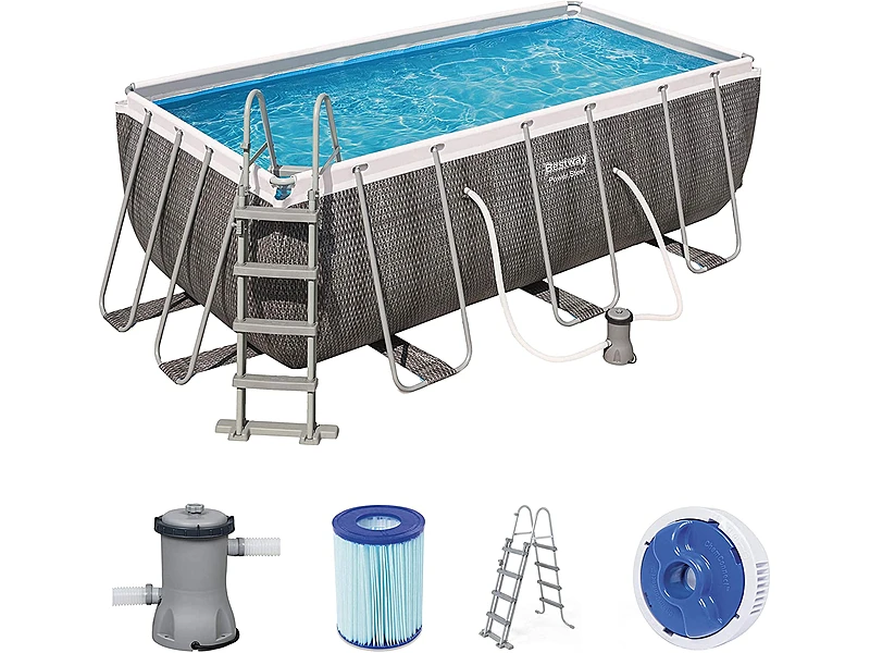 Bestway Power Steel 1056722GSX21 (412x201x122 cm, Juego Completo con Bomba de Filtro, Cuadrada, Gris)