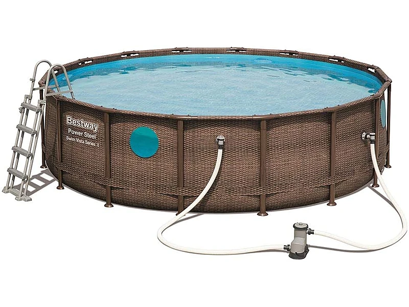 Bestway Power Steel 56725 (488x122 cm, con Depuradora Cartucho con Cobertor y Escalera, Diseño Ratán)