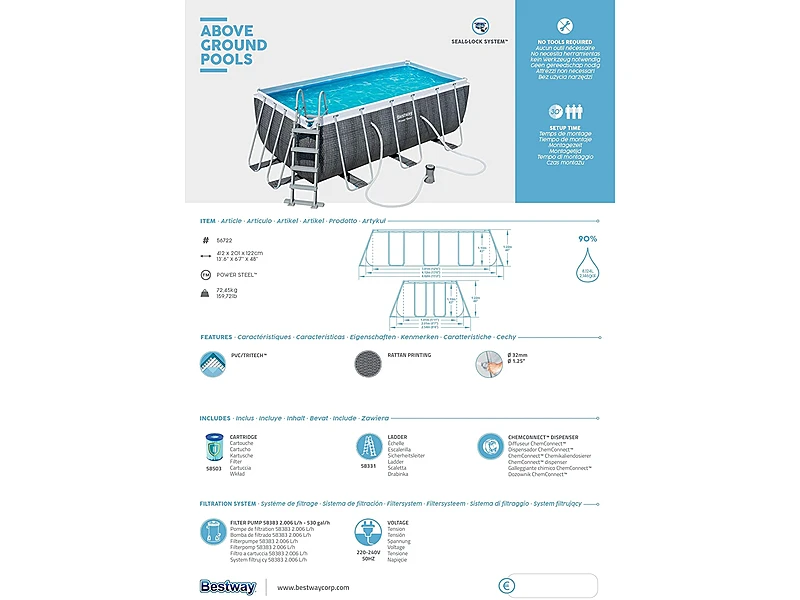 Bestway Power Steel 1056722GSX21 (412x201x122 cm, Juego Completo con Bomba de Filtro, Cuadrada, Gris)