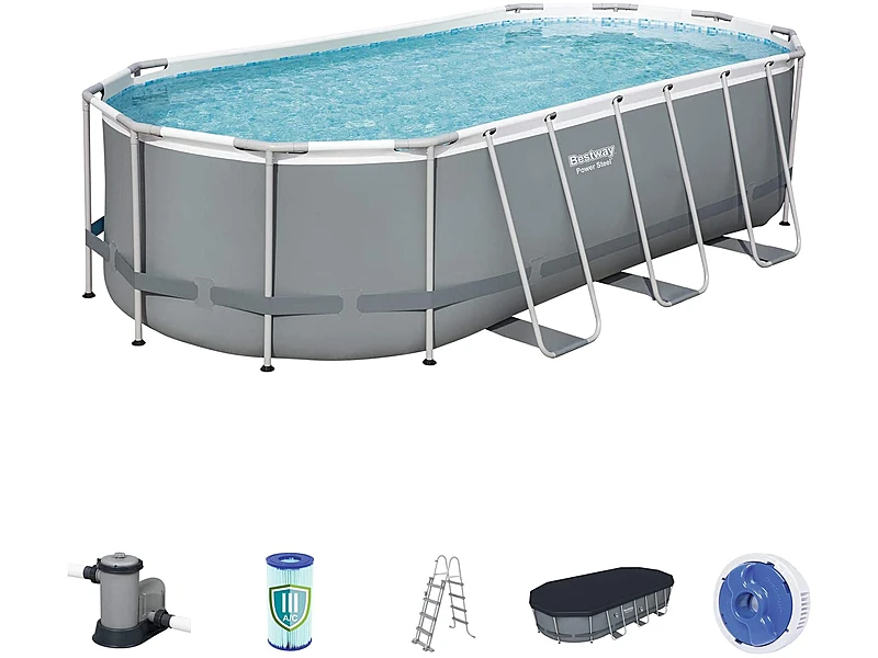 Bestway 56710 Power Steel Oval (549x274x122 cm, Depuradora de cartucho Con Cobertor y Escalera)