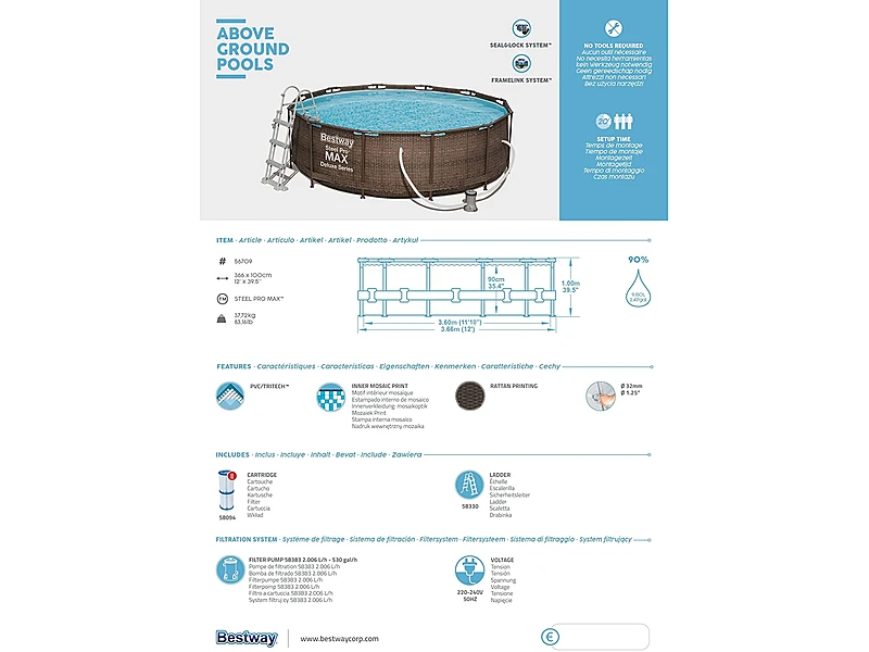 Bestway Steel Pro Max 1056709GSX20 (366x100 cm, con depuradora de cartucho, Diseño Rattan)