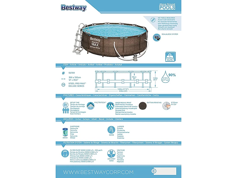Bestway Power Steel Deluxe 56709-GS19 (366x100 cm, con Marco de Acero Estable en Juego Completo, ratán)